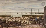 Île de Sein, pêcheurs et casiers à homard dans le port by Robert Louis Antral, Encre et aquarelle, sold Oct 2023