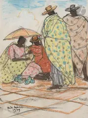 Madagascar, repos des marchands de fruits by André Maire, 1959, Crayon noir et crayons gras de couleur, sold Oct 2023