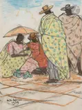 Madagascar, repos des marchands de fruits by André Maire, 1959, Crayon noir et crayons gras de couleur, sold Oct 2023
