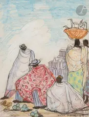 Madagascar, marchands de fruits by André Maire, 1959, Crayon noir et crayons gras de couleur, sold Oct 2023