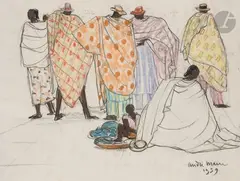 Madagascar, les marchands de fruits by André Maire, 1959, Crayon noir et crayons gras de couleur non terminé, sold Oct 2023