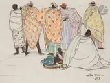 Madagascar, les marchands de fruits by André Maire, 1959, Crayon noir et crayons gras de couleur non terminé, sold Oct 2023