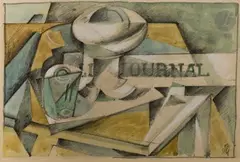 Nature morte au journal by Albert Coste, Aquarelle et crayon noir, sold Oct 2023