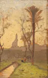 Le Caire by Etienne Duval, 1874, Crayon noir et huile sur carton, traces de monogramme en bas à droite, sold Aug 2023