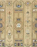 Maquette d'un projet de tenture brochée pour le palais royal de Madrid by Jean-Démosthène Dugourc, Aquarelle gouachée sur traits de crayon noir sur papier beige, sold Jun 2023