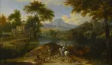Chasseur oriental et cavalière dans un paysage by Andrien Frans Boudewyns, Panneau de chêne, une planche, non parqueté, sold Jun 2023