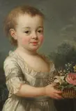 Portrait de jeune enfant tenant une corbeille de fleurs by Élisabeth Louise Vigée Le Brun, Toile ovale, sold Jun 2018