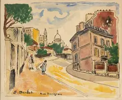 Rue Ravignan, Montmartre, Paris by Élisée Maclet, Encre de chine, plume et aquarelle sur papier, sold Oct 2021