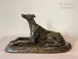 Lévrier couché by Suzanne Bizard, Bronze patiné signé sur la terasse, sold Dec 2021