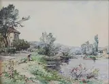 Bord de rivière animé by Maurice Levis, Aquarelle signée en bas à gauche, sold Nov 2016