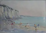 Plage animée en bord de falaises by Henri Buron, 1960, Toile signée en bas à gauche, sold Nov 2016