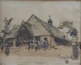 Les halles, le Faourt by Pierre Cadre, 1947, Aquarelle et fusain signé, sold Nov 2016