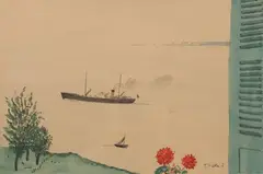 Passage d'un cargo vu d'une fenêtre by Jean Helleu, Aquarelle sur papier signé en bas à droite, sold Nov 2016