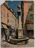 La Fontaine à Antibes (rue Georges-Clémenceau/rue Thuret) by Jean Villeri, Aquarelle sur papier contrecollé sur carton, sold Mar 2024