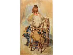 Figurenstudie Einer Frau mit Fächer by Eduardo Dalbono, oil on board, sold Jul 2016