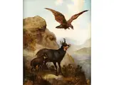 Hochgebirge mit Gämsen und Adler by Ludwig Sellmayr, oil on canvas, offered Jun 2023