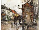 Strassenansicht im Regen mit Zwei Pferden an Einem Stadtbrunnen mit Laterne by Ferdinand Jean Luigini, tempera, sold Apr 2016