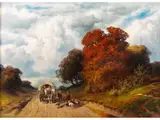 Breiter Feldweg mit Planwagen und Bauern im Gespräch by Desire Thomassin, oil on canvas, offered Sep 2024