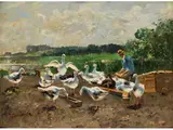 Die Fütterung der Gänse by Richard von Poschinger, oil on board, sold Mar 2024
