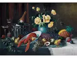 Stillleben mit Hummer, Sekt und Früchten by Rudolf Stoitzner, oil on canvas, offered Jun 2024
