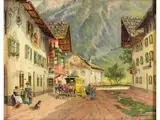 Strasse in Mittenwald mit Postkutsche by Georg Hemmrich, oil on panel, sold Mar 2024
