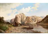 Fjordlandschaft mit Booten und Figuren by Heinrich Eduard Heyn, oil on canvas, offered Jun 2023