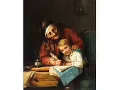 Grossmutter mit Enkel Beim Schreibunterricht by August Müller, oil on canvas, offered Dec 2023