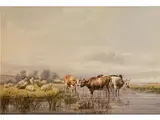 Schafe und Rinder am Wasser by Thomas Sidney Cooper, watercolor, sold Jul 2015