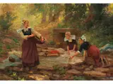 Bretonische Wäscherinnen am Waldbach by Théophile Deyrolle, oil on canvas, sold Dec 2025