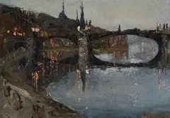 When Night Meets Day, Bridge at Dinant by Henry Sandham, oil on board, sold Feb 2021