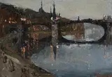 When Night Meets Day, Bridge at Dinant by Henry Sandham, oil on board, sold Feb 2021