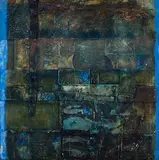 Composition by John Richard Reppen, 1962, oil and collage on board, sold Feb 2021