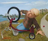 Boy with Bike by Michael Abraham, oil on canvas, sold Jan 2021