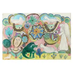 Untitled (Faces with Angels and Animals) by Minnie Evans, Crayon, sold Mar 2024