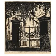 St. Philips, Charleston by Anna Heyward Taylor, Woodcut on thin paper, sold Mar 2024