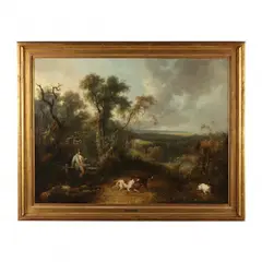 Hunt Scene in a Pastoral Landscape by Charles Henry Schwanfelder, Oil on canvas, sold Feb 2024