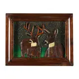 Pair of Deer by Ed Hill, Polychrome painted carved wood relief plaque, sold Feb 2024
