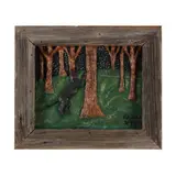 Treeing Coonhound by Ed Hill, Polychrome painted carved wood relief plaque, sold Feb 2024