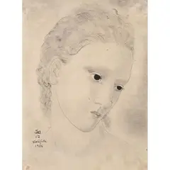 Portrait de jeune femme pensive by Léonard-Tsuguharu Foujita, 1924, Encre de Chine et lavis d'encre sur papier vergé, sold Mar 2024