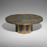 Chan coffee table by Philip and Kelvin Laverne, c. 1965, acid-etched brass over pewter over wood, patinated brass, sold Oct 2022