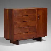 Special cabinet by George Nakashima, 1962, American black walnut, burl wood, sold Oct 2022