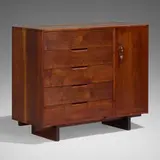 Special cabinet by George Nakashima, 1962, American black walnut, burl wood, sold Oct 2022