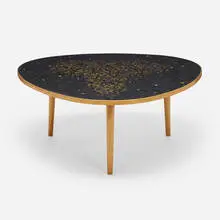 Unique Dreirund coffee table by Max Bill, c. 1950, birch, glass tiles, sold Oct 2022