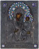 Russisch, Ende 19.Jh by Gottesmutter Jugskaja mit emailliertem Silberoklad, tempera, offered Mar 2017