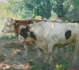 Zwei Jungstiere im Schatten eines Baumes by Hodel, Ernst Ii., oil on canvas, sold Mar 2017