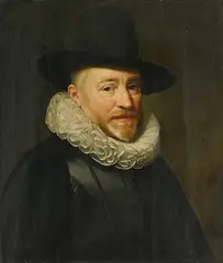 zugeschrieben Portrait eines Mannes, in einem schwarzen Kostüm mit weissem Kragen und Hut by Jan Anthonisz. van Ravesteyn, oil on panel, sold Dec 2016