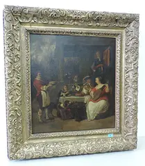in der Art Tischgesellschaft mit Lautenspielerin und trinkendem Mann by Gabriel Metsu, oil on canvas, offered Dec 2016