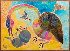 Armadillo and Birds by Franciso Chico da Silva, 1966, Gouache on Masonite, sold Mar 2025