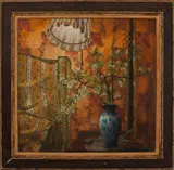 Still Life Scene with Vase by Charles Blum, 1964, Oil on Board, sold Mar 2025
