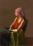 Model Shelly in Red Scarf by John Bazadona, 1974, Oil on Canvas, sold Mar 2025